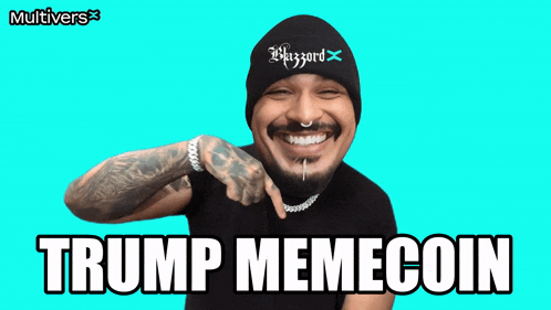 a man wearing a beanie and a black shirt is smiling and says trump memecoin