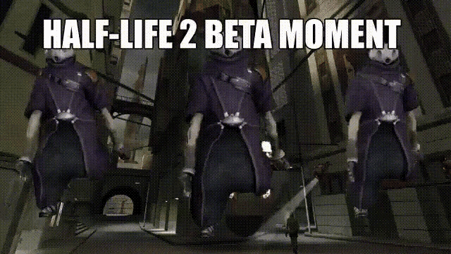a screenshot of half-life 2 beta moment shows a group of skeletons walking down a street