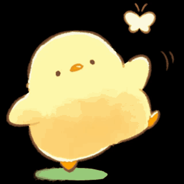 a yellow chick is standing on a green leaf and a butterfly is flying in the background
