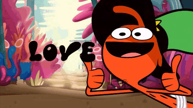 a cartoon character giving a thumbs up while holding the word love