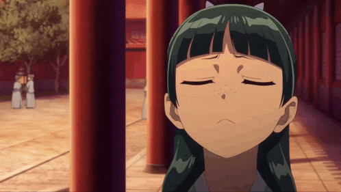 a girl with green hair is standing in a hallway with her eyes closed