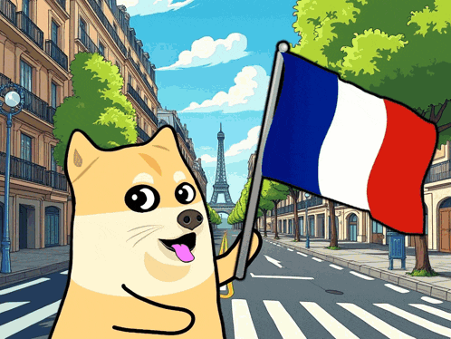 a dog holding a french flag in front of the eiffel tower
