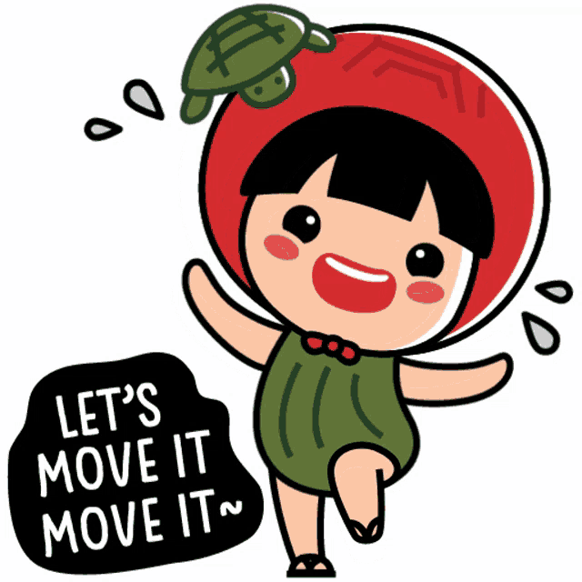 a cartoon of a girl with a turtle on her head and the words let 's move it move it