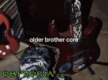 a red guitar with the words " older brother core " next to it