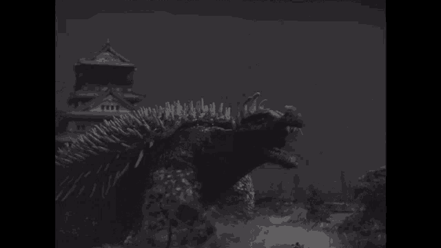a black and white drawing of a monster with a castle in the background