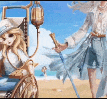 a girl in a wheelchair is standing next to a man holding a cane .