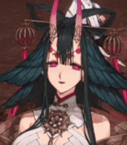 a girl with long hair and horns is wearing a white dress and a necklace .