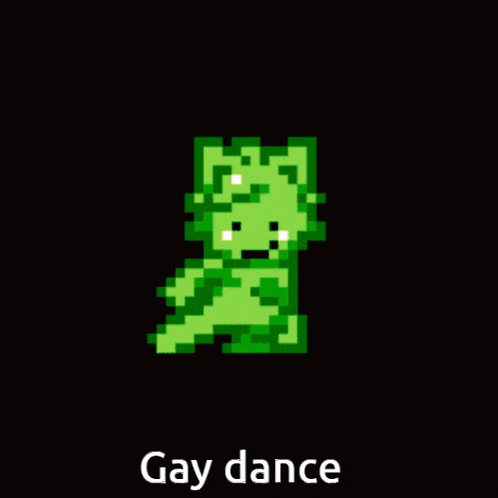 a pixel art of a green cat says gay dance