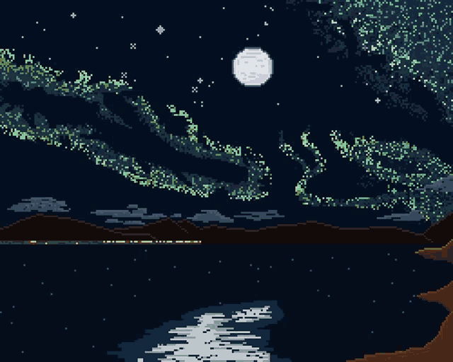 a pixel art drawing of the aurora borealis over a lake