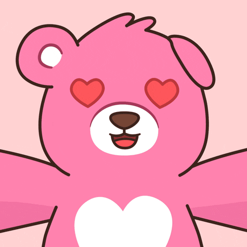 a pink teddy bear has heart shaped eyes