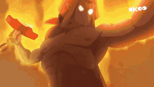 a cartoon character is holding a red axe in front of a fire .