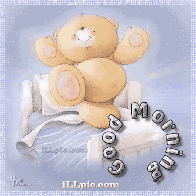 a teddy bear sits on a bed with the words good morning surrounding it