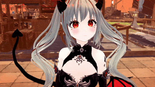 a girl with horns and a tail is standing on a sidewalk
