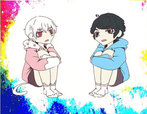 two anime characters are sitting next to each other on a rainbow background