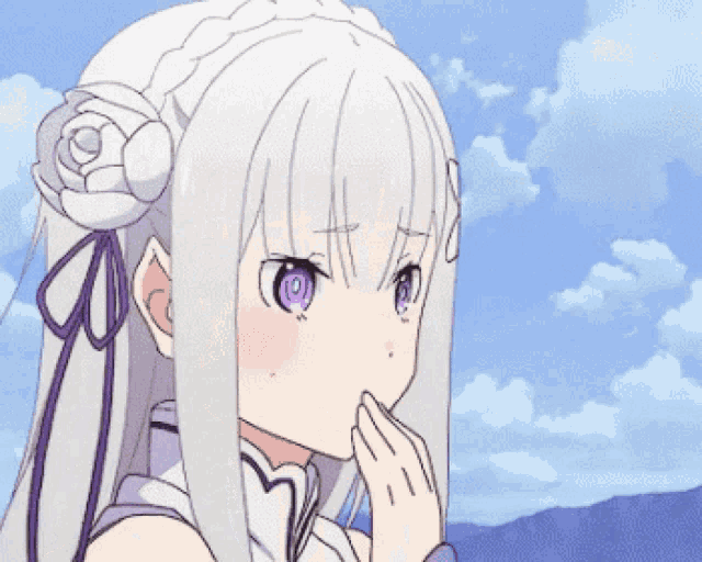 a girl with white hair and purple eyes looks at the camera