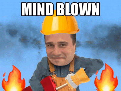 a man wearing a hard hat and overalls is holding a hammer with the words mind blown written above him
