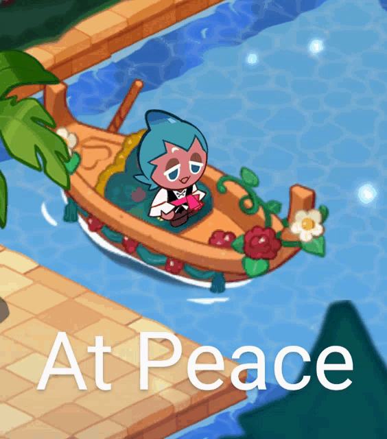 a cartoon character is in a boat with the words at peace below it