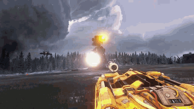 a video game scene with a yellow vehicle in the foreground and a stormy sky in the background