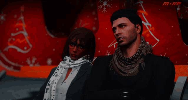 a man and a woman are sitting in front of a red background that says mrp