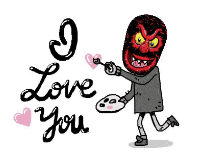 a cartoon character is holding a palette and a candle in front of a sign that says " i love you " .