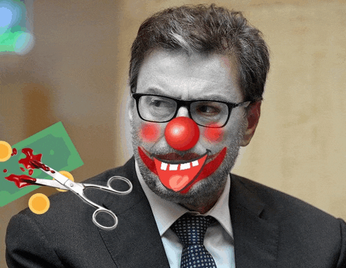 a man with a clown face and scissors cutting his face