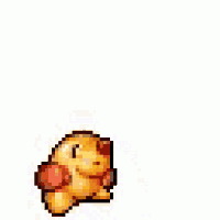 a pixel art of a dog wearing boxing gloves is standing on a white background .