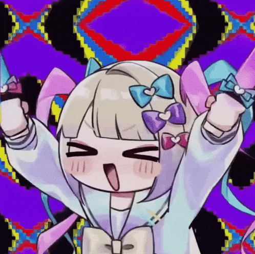 a cartoon girl with bows on her hair is making a funny face