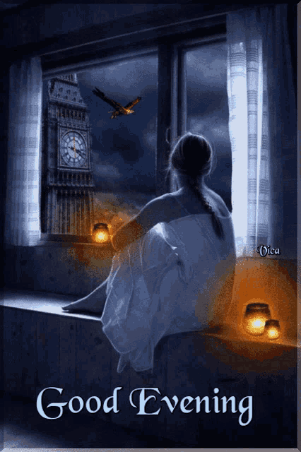 a woman sits on a window sill looking out at a clock tower with the words good evening below her
