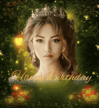 a woman with a tiara on her head is surrounded by trees and flowers and the words happy birthday