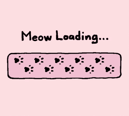 a pink background with paw prints and the words meow loading on it