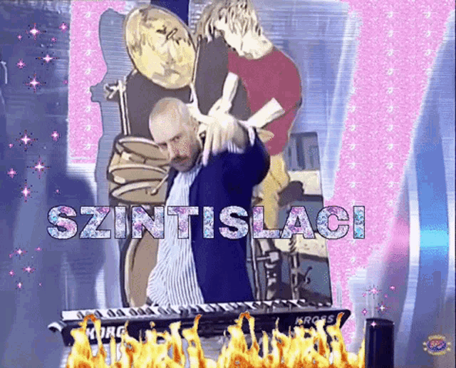 a cartoon of a man playing a keyboard with the words szintislagi written above him