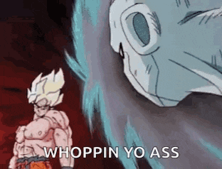 a cartoon of a man standing in front of a skull with the words `` whoppin yo ass '' written on it .