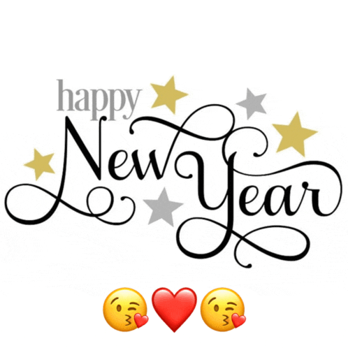 a happy new year greeting with two kissing emojis