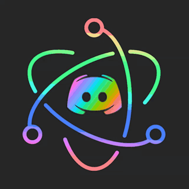 a rainbow colored discord icon is surrounded by circles and lines