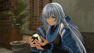 a girl with long white hair and blue eyes is holding a rice ball