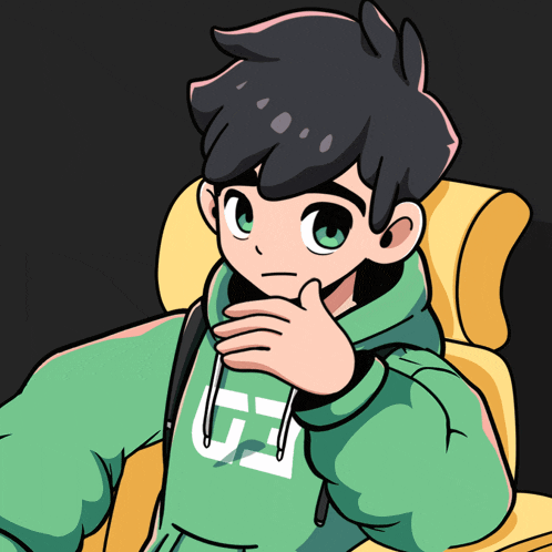 a cartoon drawing of a boy wearing a green hoodie with the letter g on the front