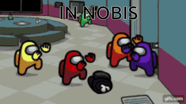 a group of among us characters in a room with the words " in nobis " written on the bottom