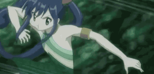 wendy from fairy tail is swimming in the water while wearing a striped top .