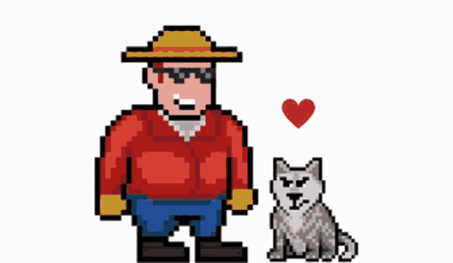 a pixel art drawing of a man and a dog with a heart above them
