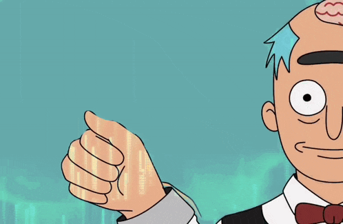 a cartoon of a bald man holding an apple in his hand