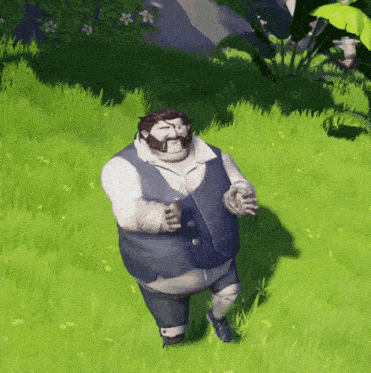 a fat man with a beard is standing in the grass