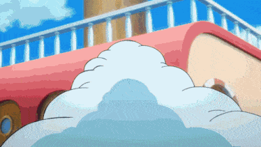 a cartoon drawing of a building with a blue sky and clouds behind it