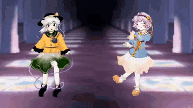 two anime girls are dancing together in a dark room