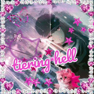 a picture of a man and a cat with the words tiering hell written in pink