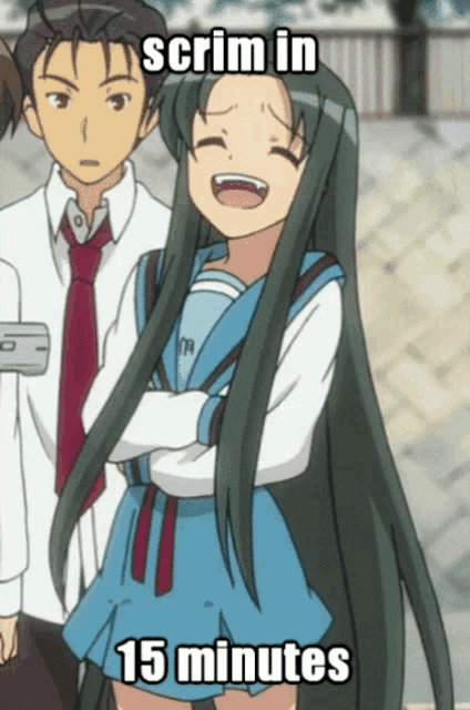 a cartoon of a girl laughing with the words scrim in 15 minutes