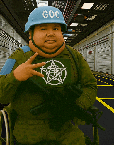 a man in a wheelchair wearing a helmet that says goc