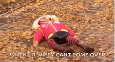 a person is laying on the ground covered in leaves with the words `` when ur wifey cant come over '' .