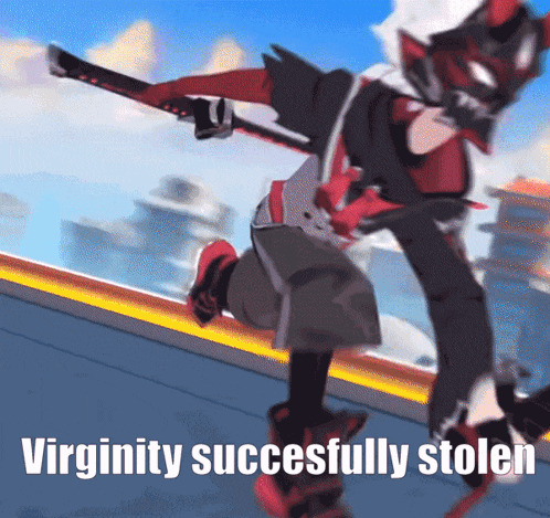 a picture of a person with the words virginity successfully stolen on the bottom