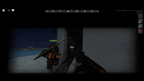 a screenshot of a video game shows a man holding a gun and the word door in the corner