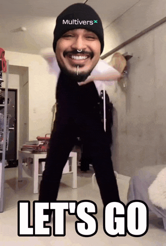 a man wearing a hat that says multiverse is dancing